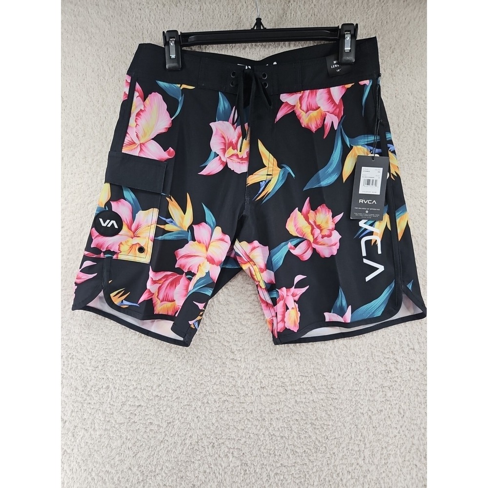 RVCA Surf Board Shorts Mens Size 29 Hawaiian Hibiscus Flowers Black New With Tag